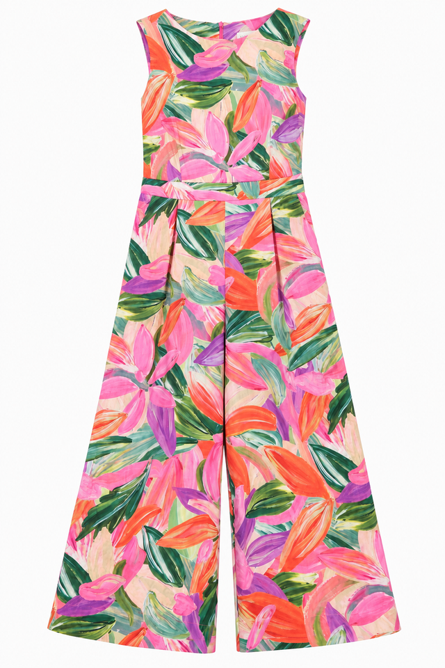 Sleeveless Jumpsuit Bright Tropical Print Hemp Ble