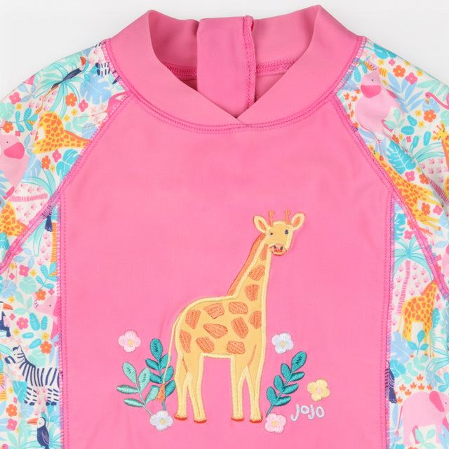 Pink and zoo animal print swimsuit with giraffe ap