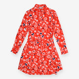 Red Floral Midi Dress with Wrap Front and Long Sle