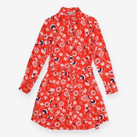 Red Floral Midi Dress with Wrap Front and Long Sle
