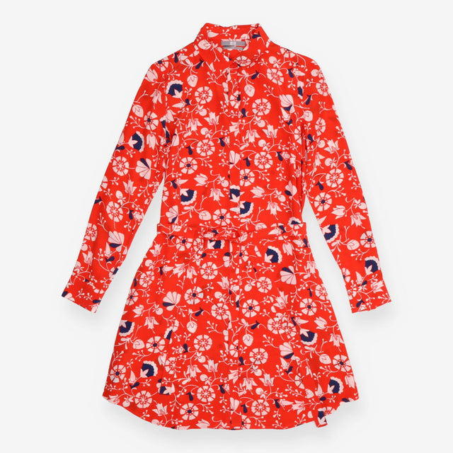Red Floral Midi Dress with Wrap Front and Long Sle