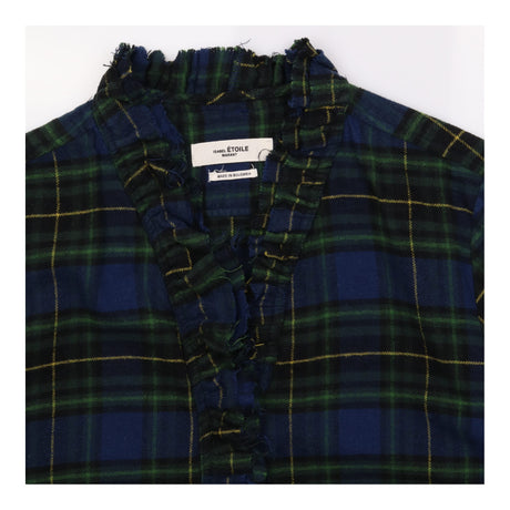Shirt Blue Green Tartan Check Cotton Ruffle Trim