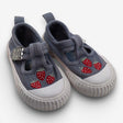 Blue slip on shoes, white sole strawberries