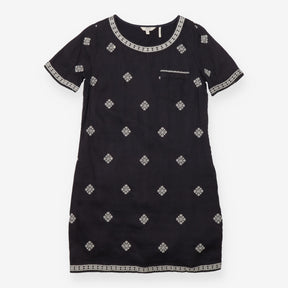 Linen Tunic Dress in Black with Cream Embroidery