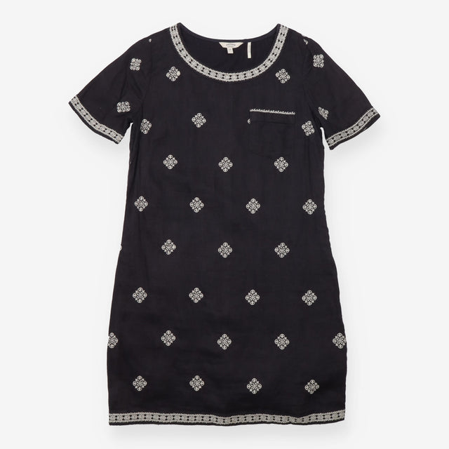 Linen Tunic Dress in Black with Cream Embroidery
