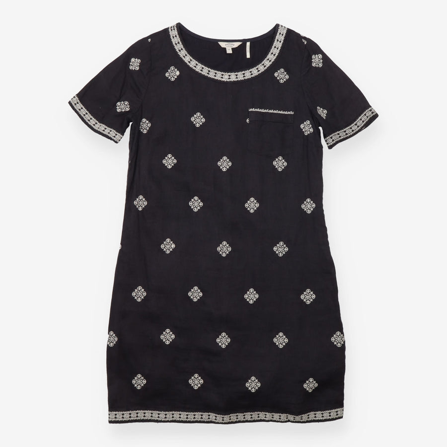 Linen Tunic Dress in Black with Cream Embroidery