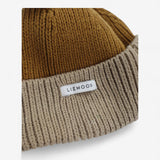 Hat knitted mustard and beige with ears