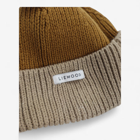 Hat knitted mustard and beige with ears
