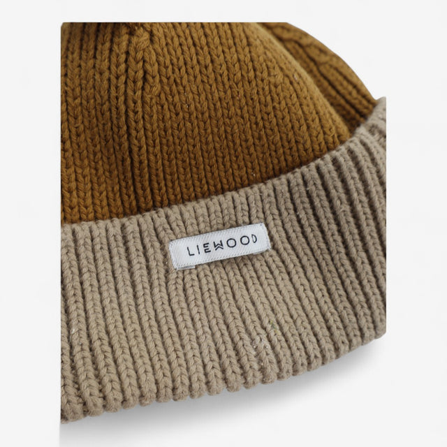 Hat knitted mustard and beige with ears