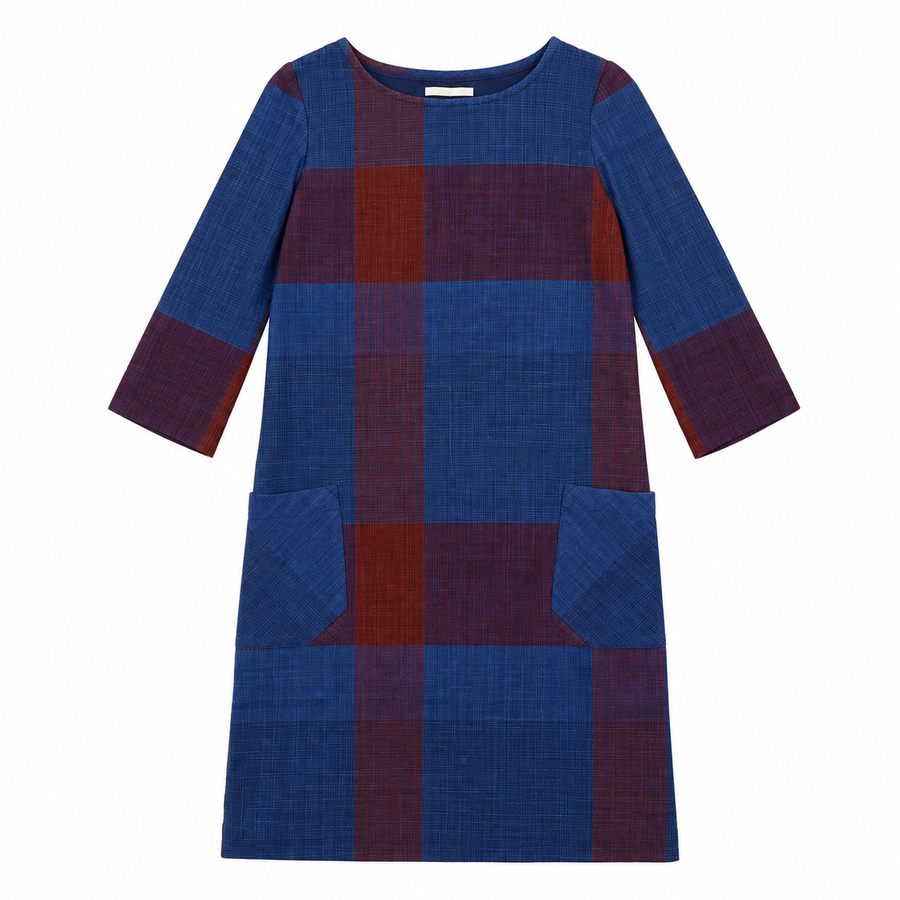 Dress Blue Burgundy Check Cotton Long Sleeve Shift