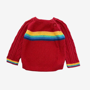 Red moss stitch sweater with rainbow stripe