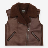 Waistcoat Brown Faux Leather Shearling Biker Gilet