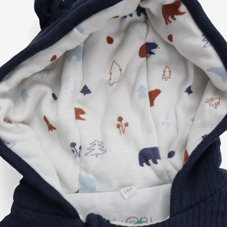 Pramsuit Ribbed Jersey navy with bear Lined Hood