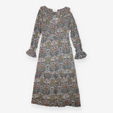 Midi Dress Blue Botanical Print Ruffle Long Sleeve