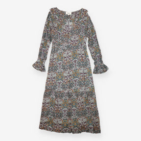 Midi Dress Blue Botanical Print Ruffle Long Sleeve