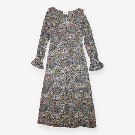 Midi Dress Blue Botanical Print Ruffle Long Sleeve