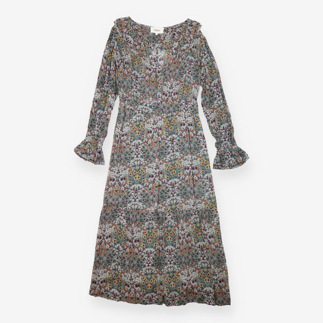 Midi Dress Blue Botanical Print Ruffle Long Sleeve