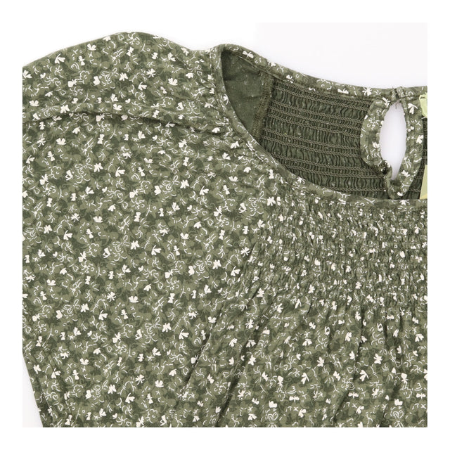 Khaki Ditsy Floral Shirred Short Sleeve Tunic Top