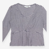 Dress Navy Blue White Stripe Long Sleeve Midi V-Ne