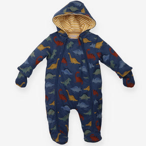 Pramsuit Navy Dinosaurs Yellow Stripe Lined