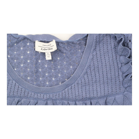 Top Blue Pointelle Knit Ruffle Short Sleeve