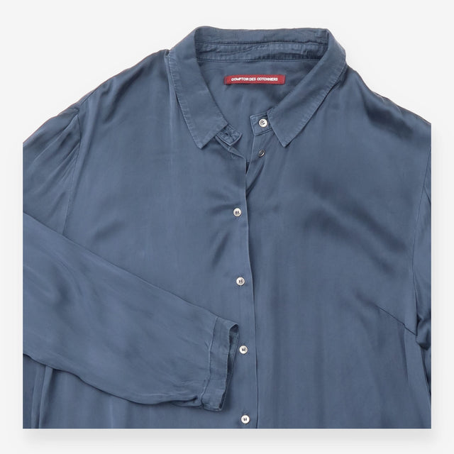 Shirt Dress Navy Cupro Long Sleeve Button Front Mi