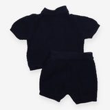 Outfit knit collar cardigan and shorts navy blue