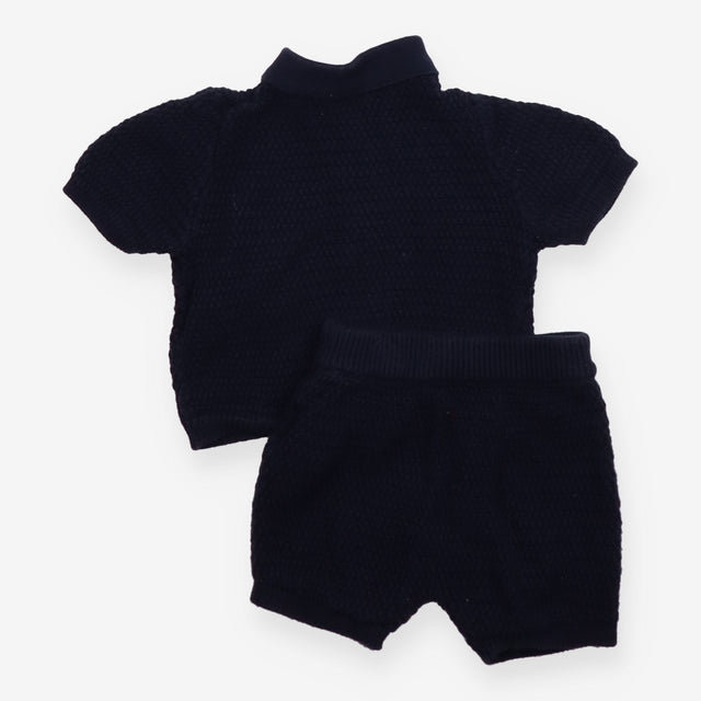 Outfit knit collar cardigan and shorts navy blue