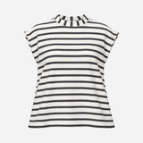 Top Cream Charcoal Striped High Neck Cap Sleeve Re