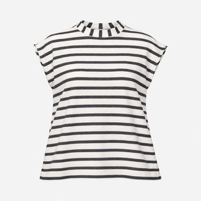 Top Cream Charcoal Striped High Neck Cap Sleeve Re