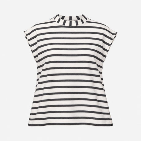 Top Cream Charcoal Striped High Neck Cap Sleeve Re