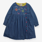 Dress light blue denim embroidered flowers and bir