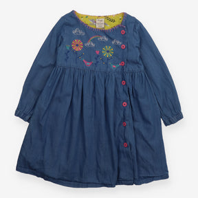 Dress light blue denim embroidered flowers and bir