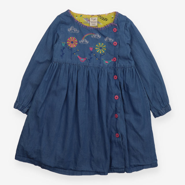 Dress light blue denim embroidered flowers and bir