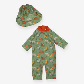 Sunsuit and Hat Green Safari Animals