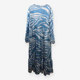 Blue Zebra Print Midi Dress – V‑Neck Ruffle Sleeve