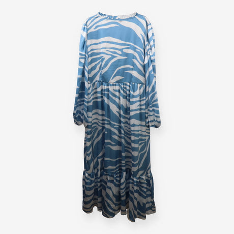 Blue Zebra Print Midi Dress – V‑Neck Ruffle Sleeve