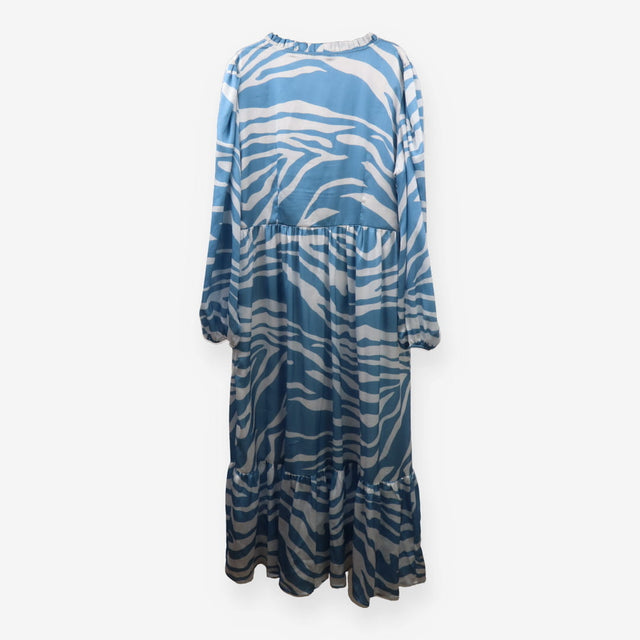 Blue Zebra Print Midi Dress – V‑Neck Ruffle Sleeve