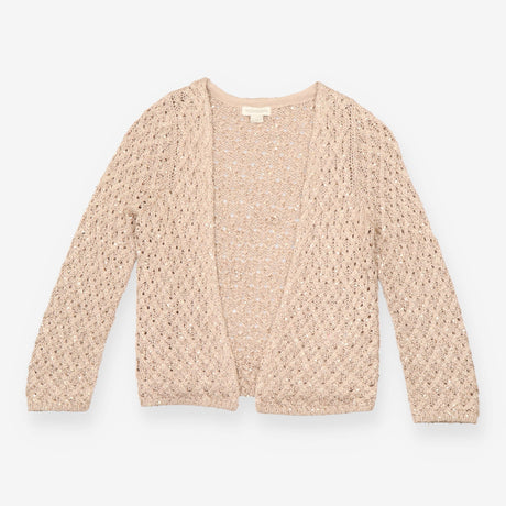 Cardigan Taupe Openwork Crochet Knit Sequin Embell
