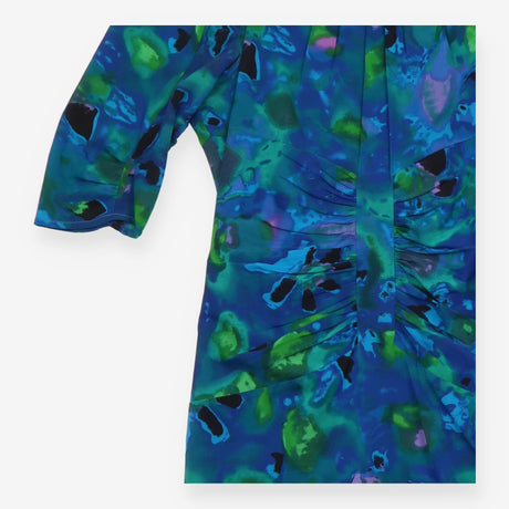 Silk Midi Dress with Blue Abstract Print and Front