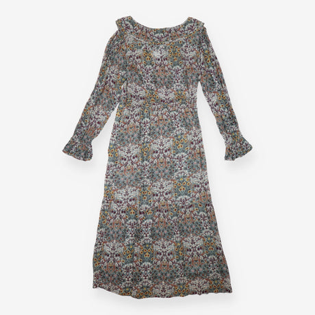 Midi Dress Blue Botanical Print Ruffle Long Sleeve