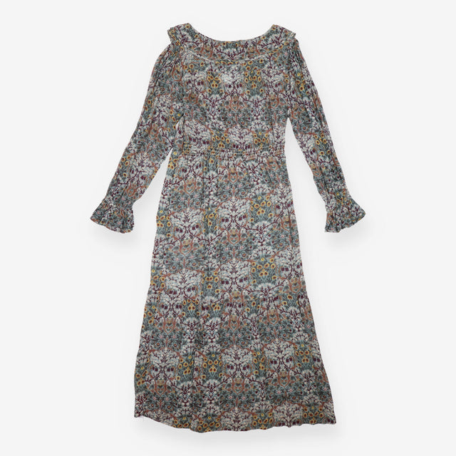 Midi Dress Blue Botanical Print Ruffle Long Sleeve