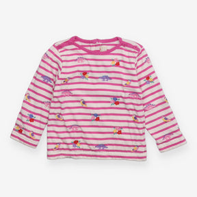 T-shirt long sleeve white and pink stripe embroide