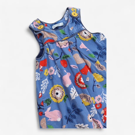 Cord pinafore dress blue woodland creatures and fl