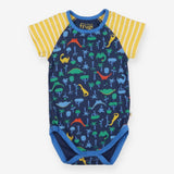Bodysuit Navy and Yellow Stripe Sleeves Dinosaurs