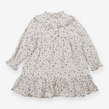 Dress LS cream blue flower frill neck cuffs