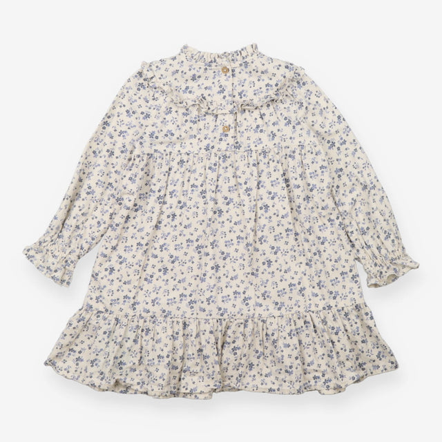 Dress LS cream blue flower frill neck cuffs