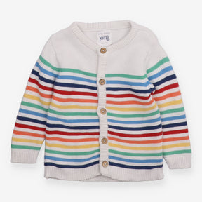 White rainbow striped cardigan wooden button 