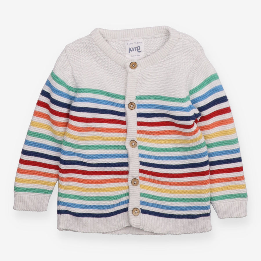 White rainbow striped cardigan wooden button 