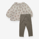 Waffle Shirt light green with flowers with ribbed 